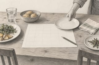 Auf einem Küchentisch liegen ein leeres kariertes Wochenblatt, drei unterschiedlich große Teller, eine Schale Kartoffeln und ein Bleistift; eine Hand stellt einen leeren Teller auf das freie Feld.