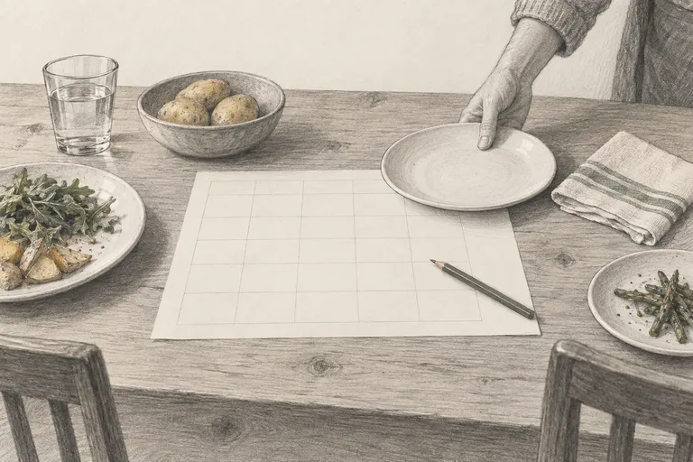 Auf einem Küchentisch liegen ein leeres kariertes Wochenblatt, drei unterschiedlich große Teller, eine Schale Kartoffeln und ein Bleistift; eine Hand stellt einen leeren Teller auf das freie Feld.