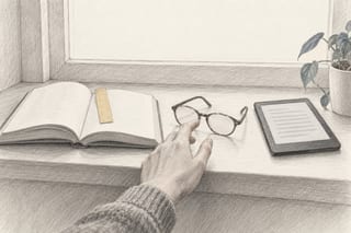 Auf einem Fensterbrett liegen ein aufgeschlagenes Buch, eine Lesebrille und ein E-Reader gleichwertig nebeneinander, eine Hand greift nach der Brille.