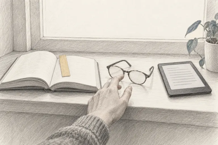 Auf einem Fensterbrett liegen ein aufgeschlagenes Buch, eine Lesebrille und ein E-Reader gleichwertig nebeneinander, eine Hand greift nach der Brille.