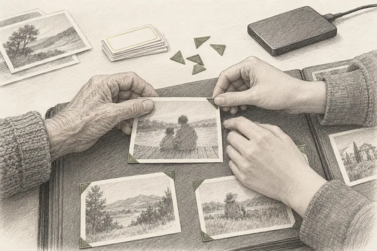 Zwei Hände verschiedener Generationen schieben eine alte Aufnahme in eine Fotoecke im Album, daneben warten leere Beschriftungszettel und ein schlichter Datenträger.