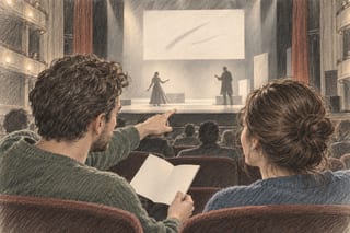 Zwei Erwachsene sitzen nebeneinander im Theater; eine Person zeigt mit einem gefalteten Programm in der Hand auf zwei Darstellende auf der Bühne.