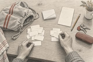 Von oben gesehen liegen auf einem Küchentisch ein Turnbeutel, ein gefalteter Zettel, ein Schlüsselbund und kleine leere Papierstücke, zwei Hände sortieren sie zu zwei Häufchen.
