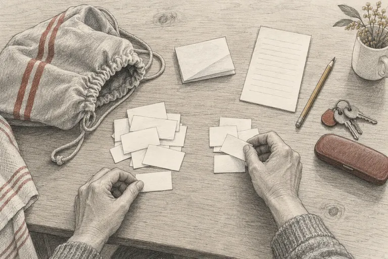 Von oben gesehen liegen auf einem Küchentisch ein Turnbeutel, ein gefalteter Zettel, ein Schlüsselbund und kleine leere Papierstücke, zwei Hände sortieren sie zu zwei Häufchen.