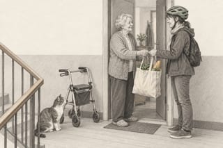 Im Türrahmen einer gewöhnlichen Wohnung reichen sich zwei Nachbarn auf Augenhöhe eine volle Einkaufstasche, daneben steht ein Rollator, auf dem Treppenabsatz sitzt eine Katze.