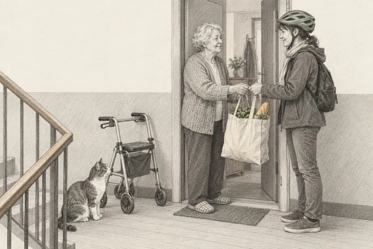 Im Türrahmen einer gewöhnlichen Wohnung reichen sich zwei Nachbarn auf Augenhöhe eine volle Einkaufstasche, daneben steht ein Rollator, auf dem Treppenabsatz sitzt eine Katze.