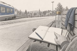 Auf einer Bahnsteigbank liegt ein offenes Notizheft mit einer gezeichneten Linie und drei Haltepunkten, daneben Trinkflasche und gefalteter Plan, während am linken Bildrand ein Regionalzug vorbeifährt.