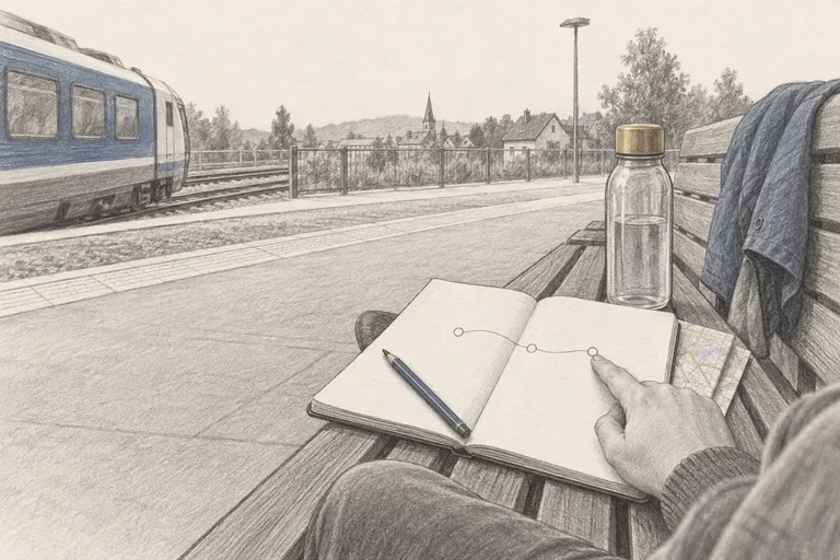 Auf einer Bahnsteigbank liegt ein offenes Notizheft mit einer gezeichneten Linie und drei Haltepunkten, daneben Trinkflasche und gefalteter Plan, während am linken Bildrand ein Regionalzug vorbeifährt.