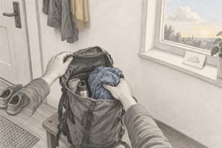 In einem Flur wird eine dünne Regenjacke in einen offenen Rucksack gepackt, im Fenster dahinter steht ein heller Himmel mit einer einzelnen Wolke und tiefer Sonne.