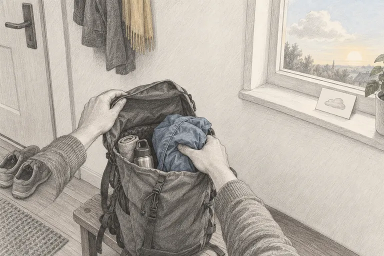 In einem Flur wird eine dünne Regenjacke in einen offenen Rucksack gepackt, im Fenster dahinter steht ein heller Himmel mit einer einzelnen Wolke und tiefer Sonne.