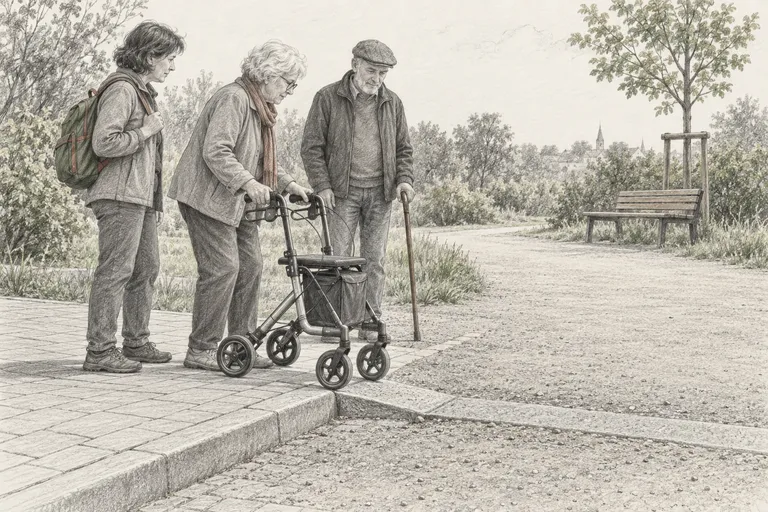 Drei Personen unterschiedlichen Alters stehen mit einem Rollator an einer abgesenkten Bordsteinkante und schauen über den breiten Weg zu einer Bank.