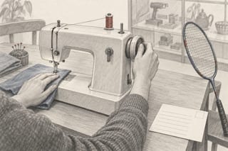 Auf einem schlichten Tisch steht eine Nähmaschine, eine Hand dreht prüfend am Handrad, daneben lehnt ein Federballschläger und vorne liegt eine leere Leihkarte.