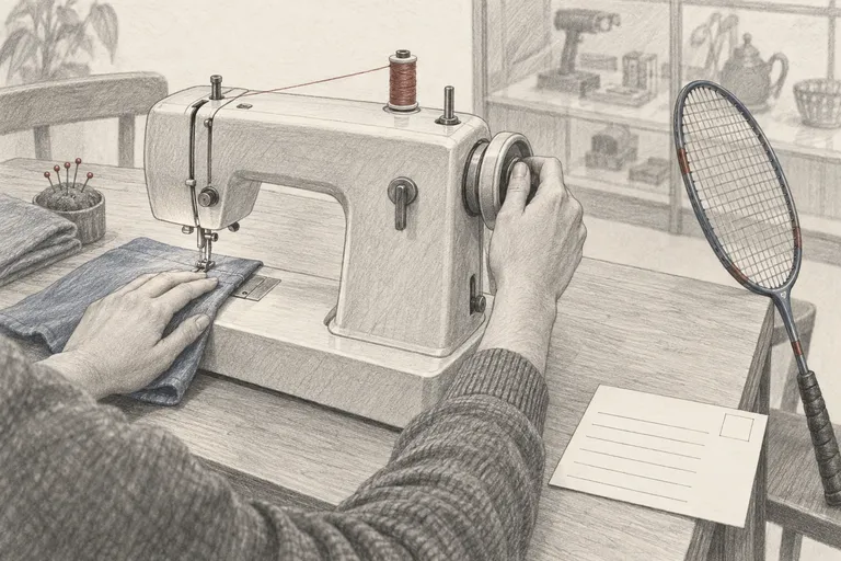 Auf einem schlichten Tisch steht eine Nähmaschine, eine Hand dreht prüfend am Handrad, daneben lehnt ein Federballschläger und vorne liegt eine leere Leihkarte.