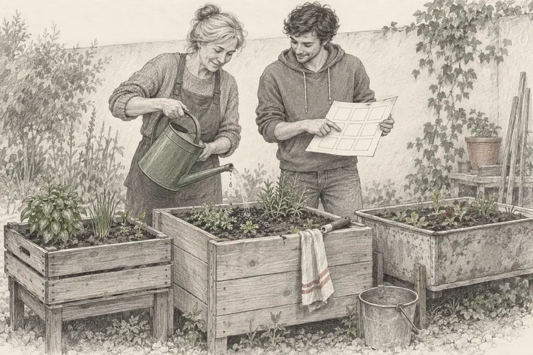 Zwei Personen gießen und vergleichen einen Pflanzplan an unterschiedlich gebauten Kistenbeeten mit wenigen Kräutern.