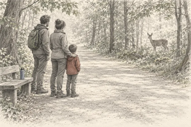 Zwei Erwachsene und ein Kind bleiben auf einem Waldweg in deutlichem Abstand stehen und beobachten ein Reh, auf einer Bank am Wegrand steht eine Trinkflasche.