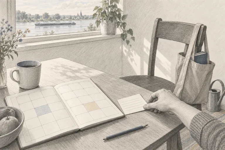 Eine Hand legt eine leere Aufgabenkarte neben einen offenen Kalender mit blanken Feldern, daneben steht ein zurückgezogener Stuhl, und im Fenster ist ein Fluss angedeutet.