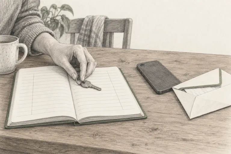 Auf einem Tisch liegen ein aufgeschlagenes Adressbuch, ein kleiner Schlüssel, ein umgedrehtes Telefon und ein geschlossener Umschlag, eine Hand legt den Schlüssel auf die erste freie Zeile.
