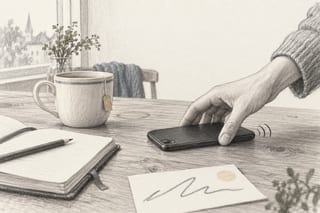 Eine Hand legt ein noch summendes Telefon neben eine Tasse auf den Tisch, daneben liegt eine kleine Karte mit einer vergrößerten, unleserlichen Zeile.