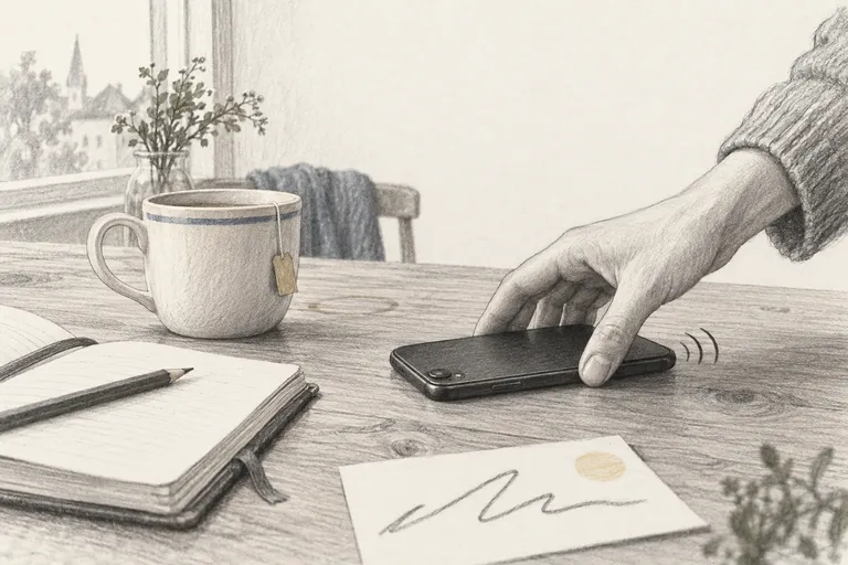 Eine Hand legt ein noch summendes Telefon neben eine Tasse auf den Tisch, daneben liegt eine kleine Karte mit einer vergrößerten, unleserlichen Zeile.