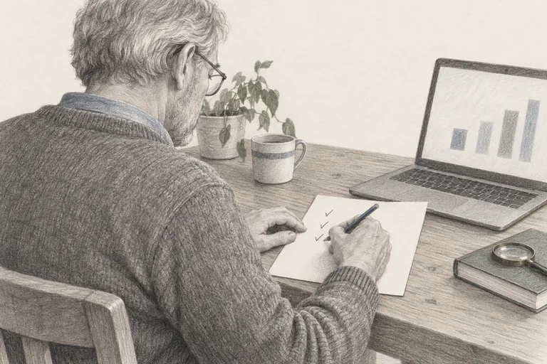 Eine Person sitzt von schräg hinten vor einem Laptop und setzt mit dem Bleistift einen dritten kurzen Haken an den Rand einer Notiz, daneben liegen eine Lupe und ein Buch.