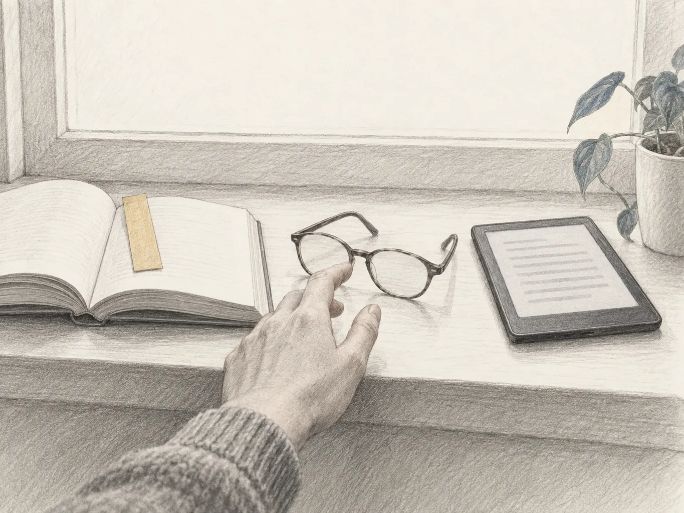 Auf einem Fensterbrett liegen ein aufgeschlagenes Buch, eine Lesebrille und ein E-Reader gleichwertig nebeneinander, eine Hand greift nach der Brille.