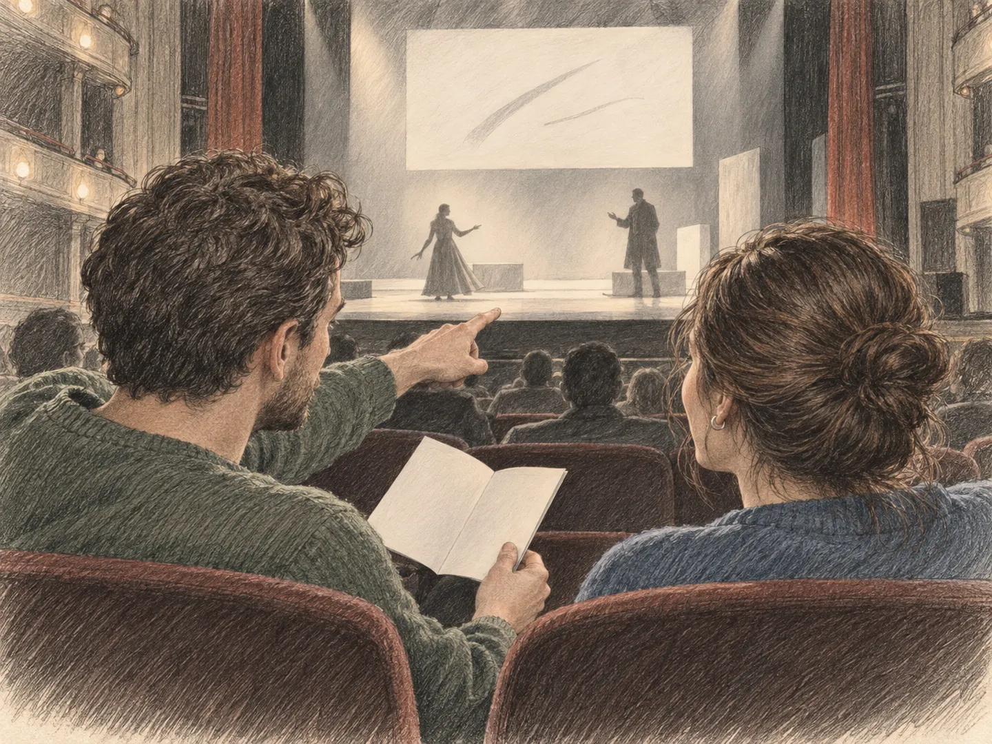 Zwei Erwachsene sitzen nebeneinander im Theater; eine Person zeigt mit einem gefalteten Programm in der Hand auf zwei Darstellende auf der Bühne.