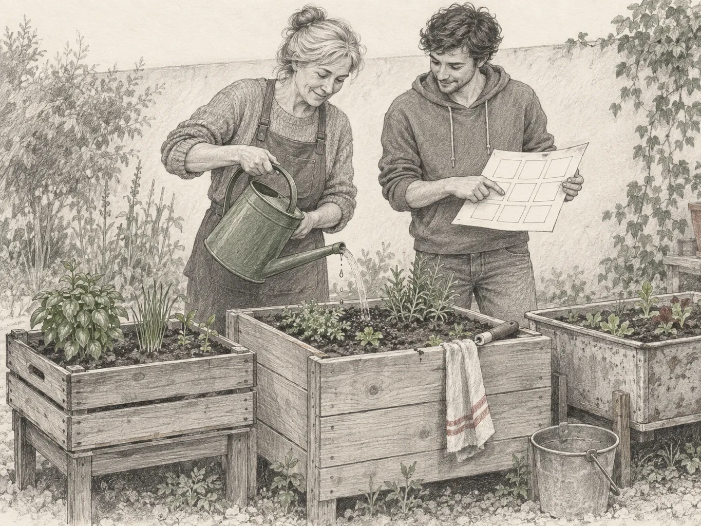Zwei Personen gießen und vergleichen einen Pflanzplan an unterschiedlich gebauten Kistenbeeten mit wenigen Kräutern.