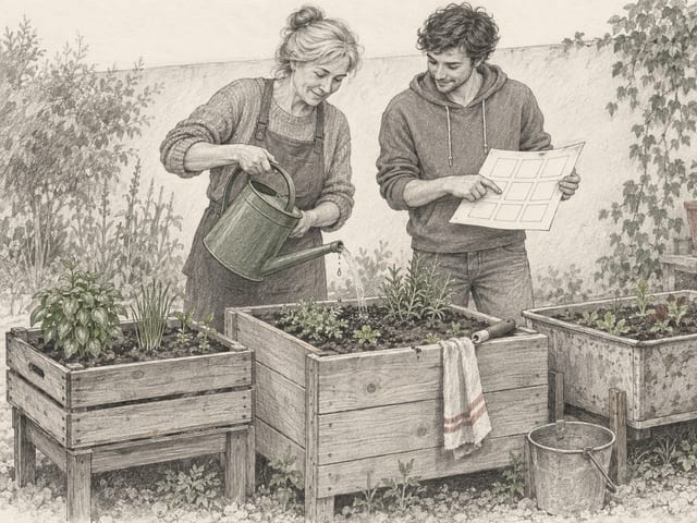 Zwei Personen gießen und vergleichen einen Pflanzplan an unterschiedlich gebauten Kistenbeeten mit wenigen Kräutern.