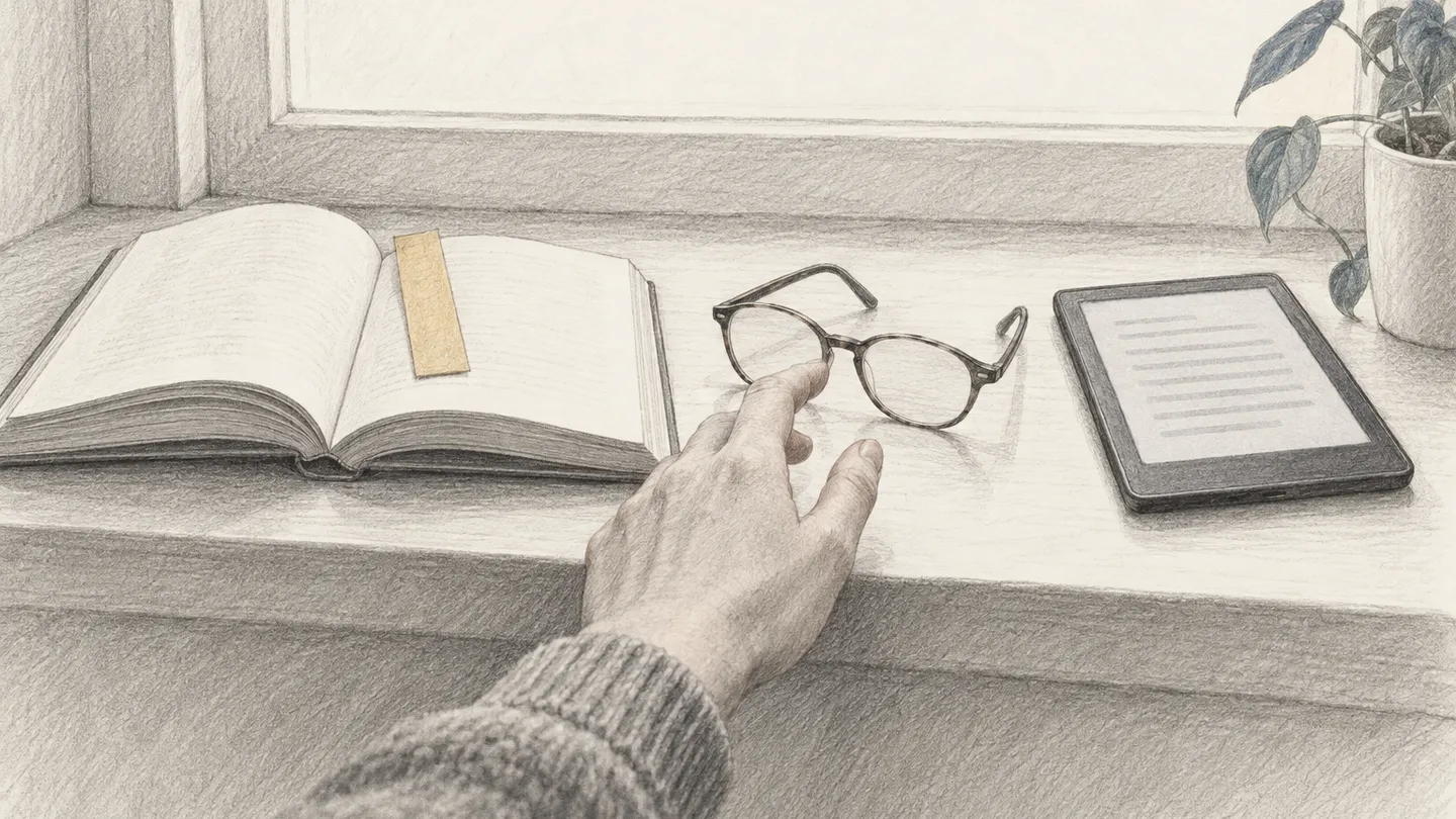 Auf einem Fensterbrett liegen ein aufgeschlagenes Buch, eine Lesebrille und ein E-Reader gleichwertig nebeneinander, eine Hand greift nach der Brille.
