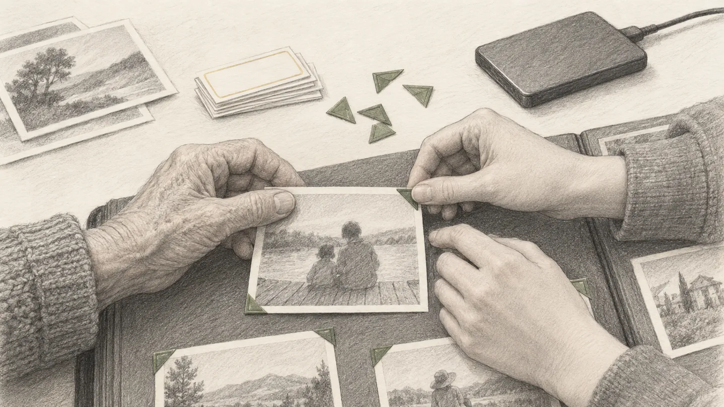 Zwei Hände verschiedener Generationen schieben eine alte Aufnahme in eine Fotoecke im Album, daneben warten leere Beschriftungszettel und ein schlichter Datenträger.
