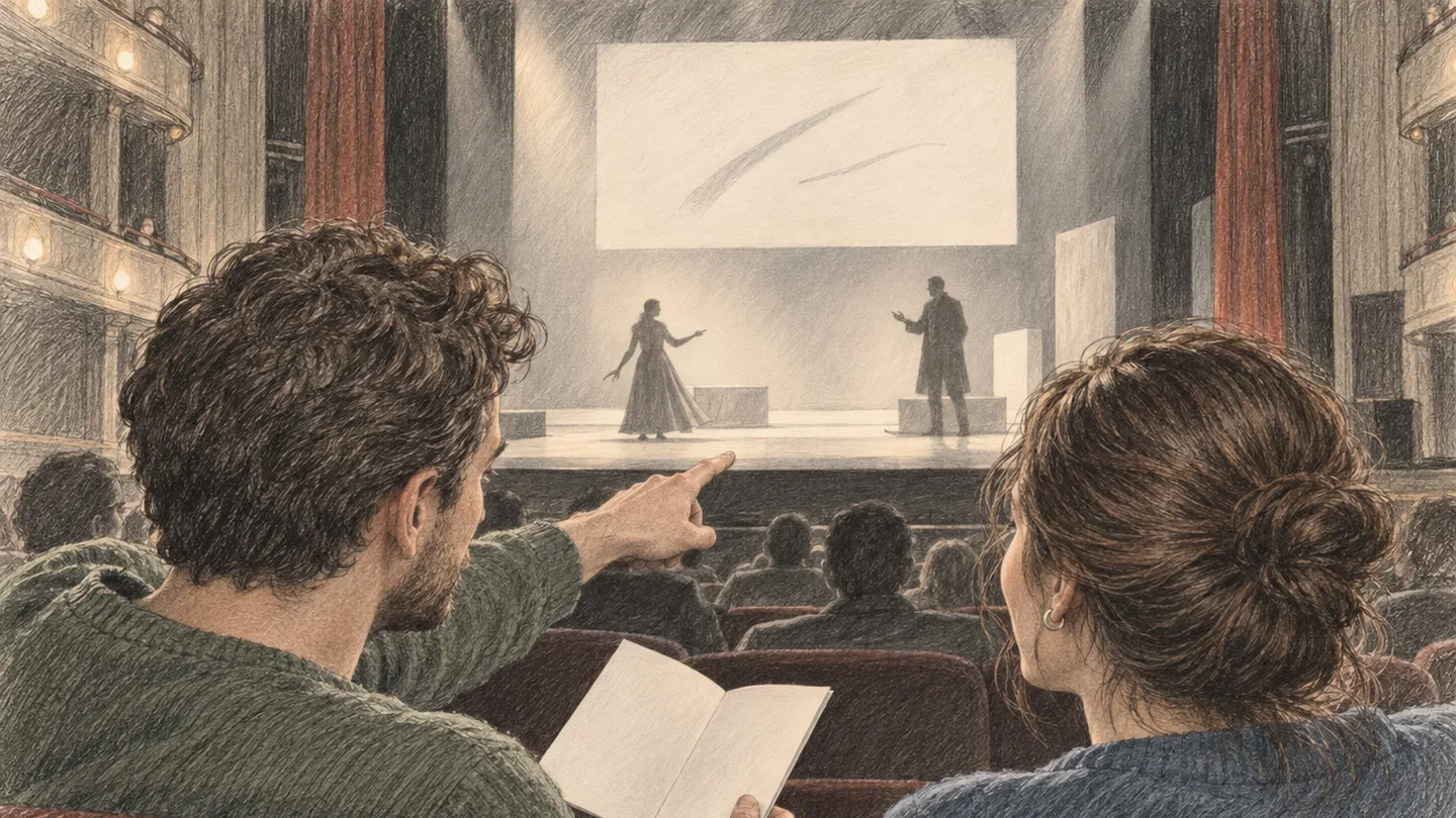 Zwei Erwachsene sitzen nebeneinander im Theater; eine Person zeigt mit einem gefalteten Programm in der Hand auf zwei Darstellende auf der Bühne.