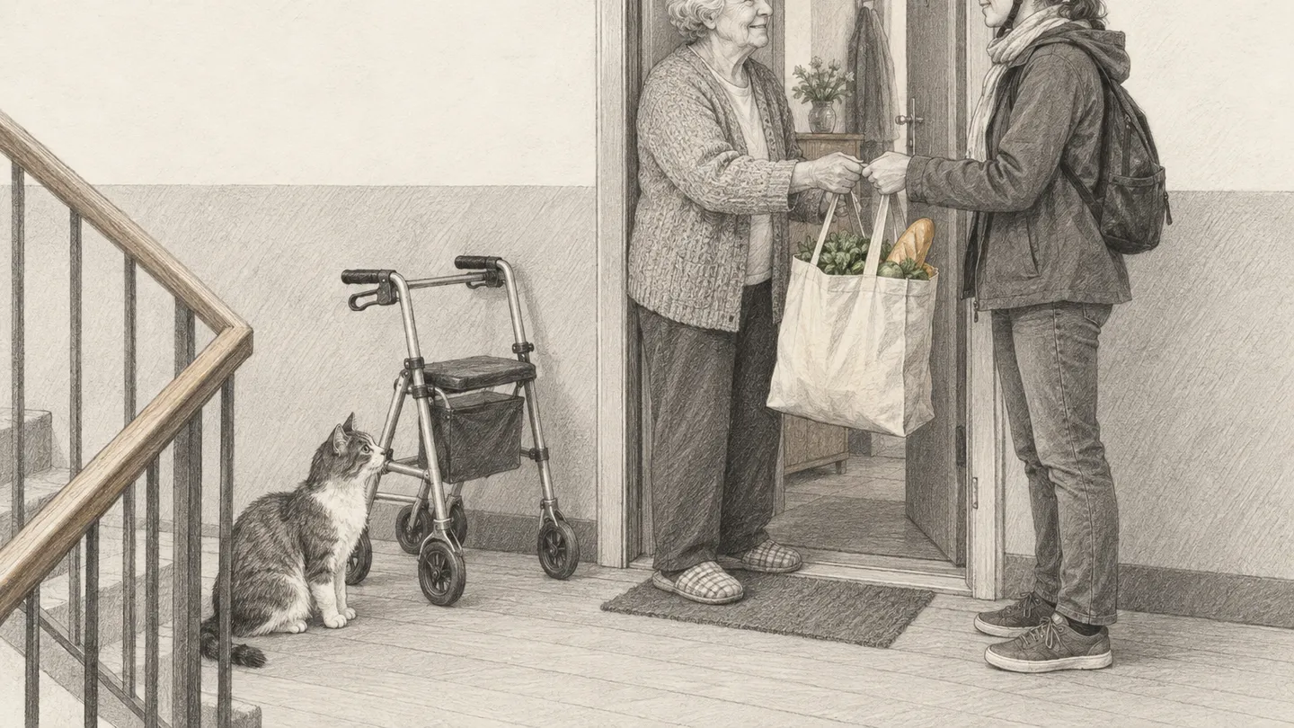 Im Türrahmen einer gewöhnlichen Wohnung reichen sich zwei Nachbarn auf Augenhöhe eine volle Einkaufstasche, daneben steht ein Rollator, auf dem Treppenabsatz sitzt eine Katze.