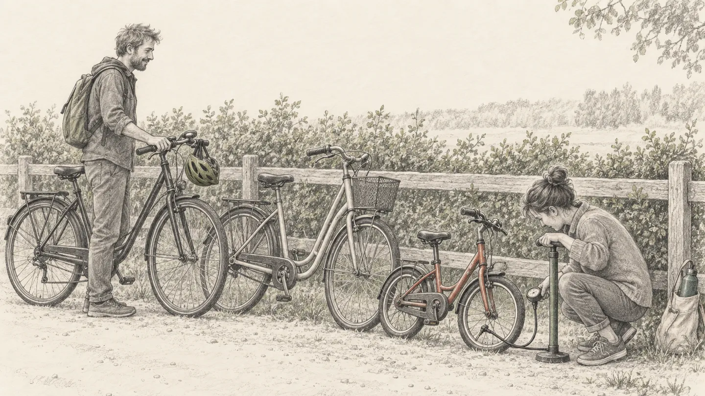 Drei unterschiedlich große Fahrräder lehnen an einem Zaun am Wegrand, eine Person prüft mit einer Standpumpe den Reifendruck am Vorderrad, eine zweite hält ihr Rad am Lenker.