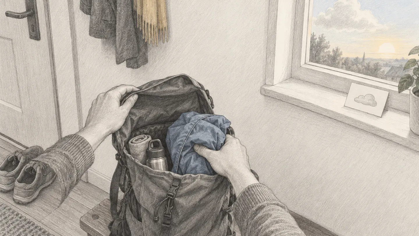 In einem Flur wird eine dünne Regenjacke in einen offenen Rucksack gepackt, im Fenster dahinter steht ein heller Himmel mit einer einzelnen Wolke und tiefer Sonne.