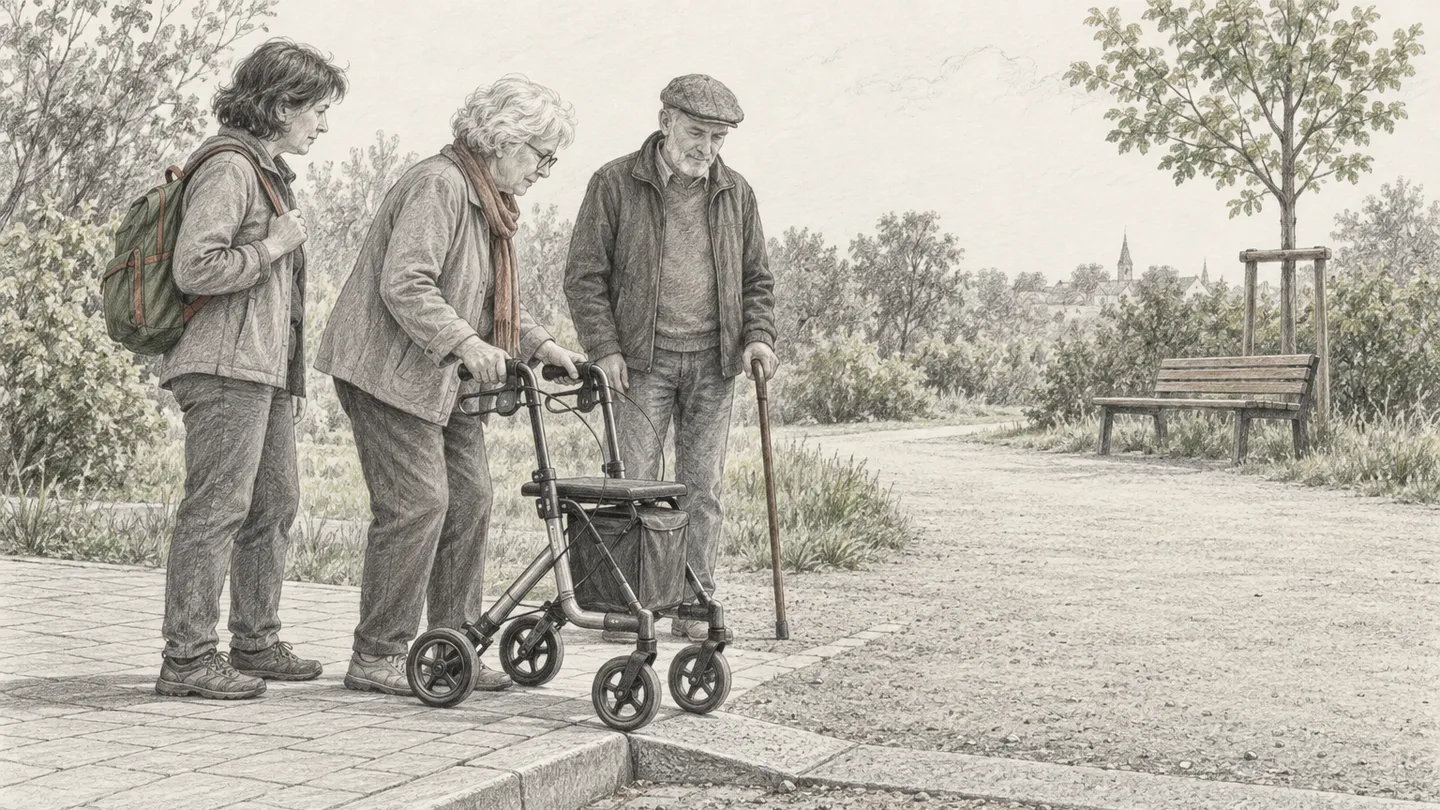 Drei Personen unterschiedlichen Alters stehen mit einem Rollator an einer abgesenkten Bordsteinkante und schauen über den breiten Weg zu einer Bank.