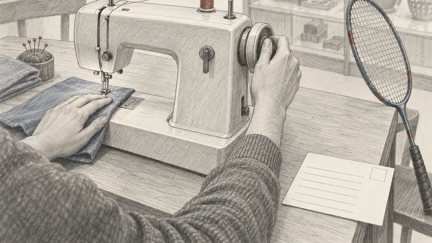 Auf einem schlichten Tisch steht eine Nähmaschine, eine Hand dreht prüfend am Handrad, daneben lehnt ein Federballschläger und vorne liegt eine leere Leihkarte.