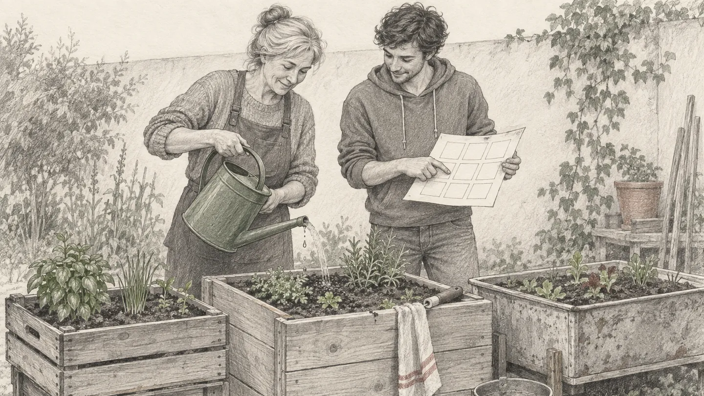 Zwei Personen gießen und vergleichen einen Pflanzplan an unterschiedlich gebauten Kistenbeeten mit wenigen Kräutern.