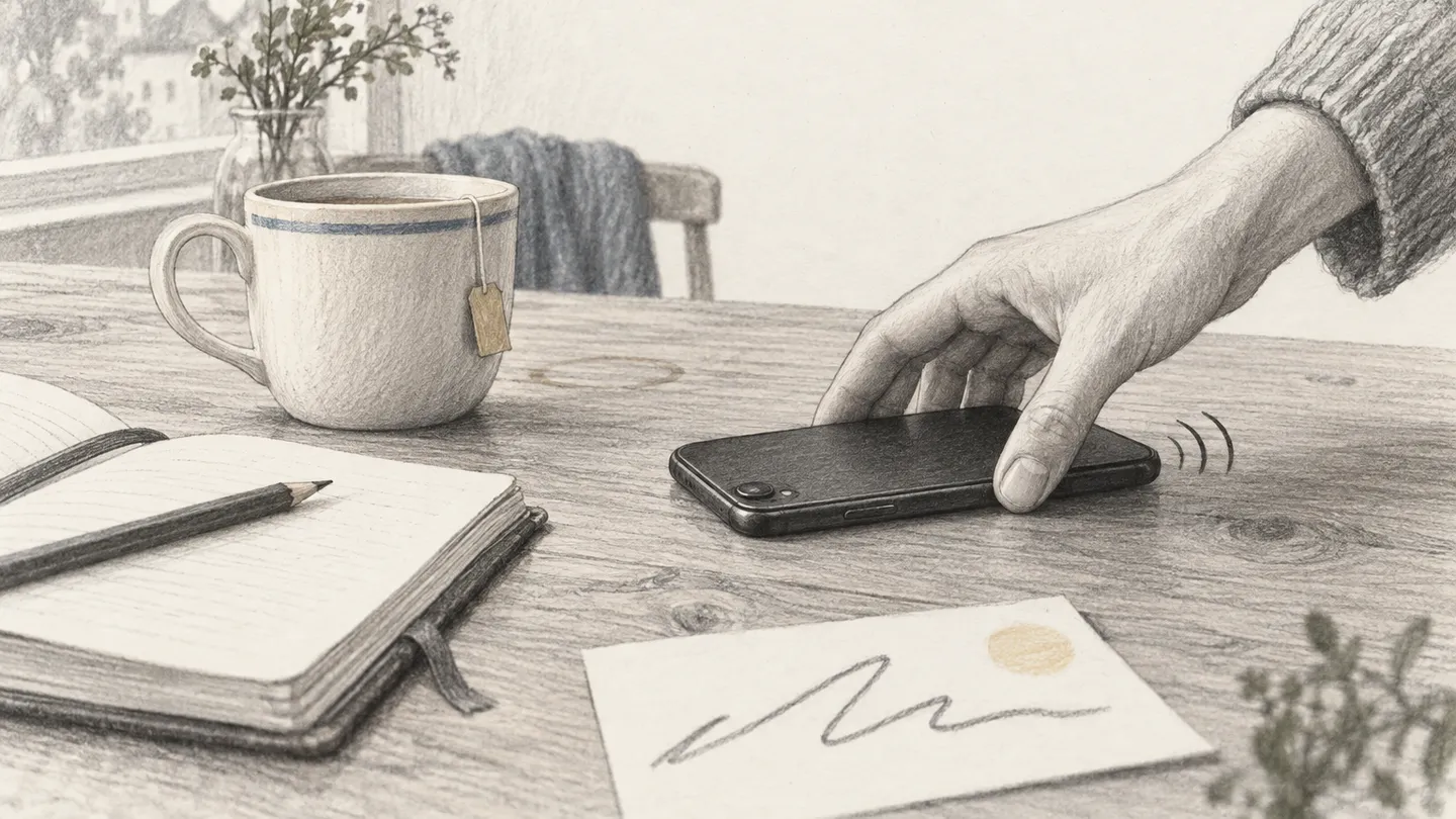 Eine Hand legt ein noch summendes Telefon neben eine Tasse auf den Tisch, daneben liegt eine kleine Karte mit einer vergrößerten, unleserlichen Zeile.