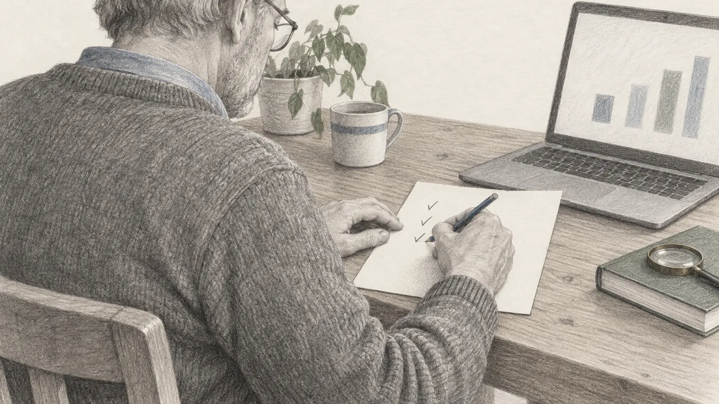 Eine Person sitzt von schräg hinten vor einem Laptop und setzt mit dem Bleistift einen dritten kurzen Haken an den Rand einer Notiz, daneben liegen eine Lupe und ein Buch.